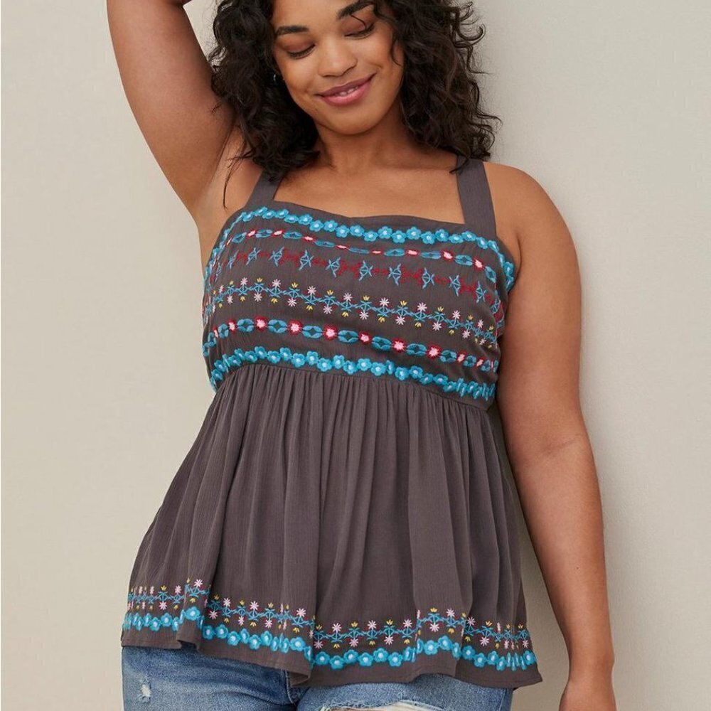 Torrid - Embroidered Peplum Top, Gauze Dark Dove Grey​​​​​​​​​​​​